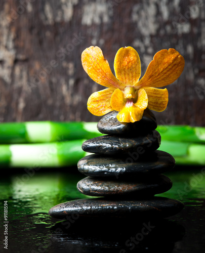 Sticker spa concept zen stones and orchid,wood background