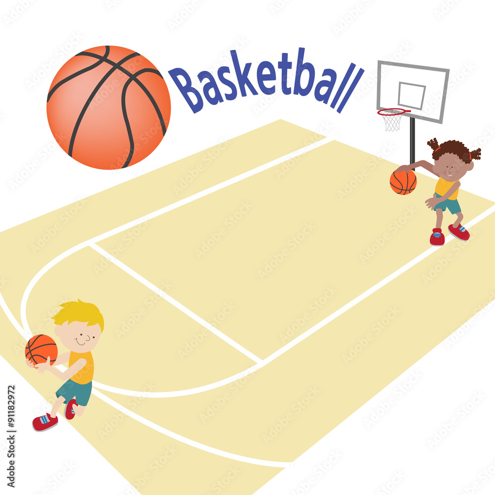 A template with two kids playing basketball in a basketball court ...