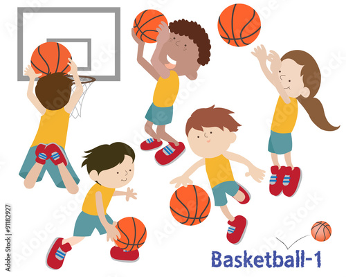Kids dribbling and shooting with a basketball in different poses.