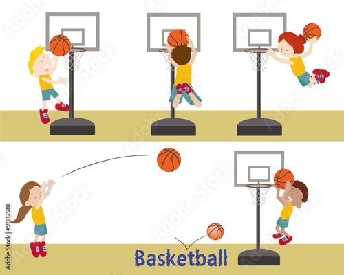 Kids shooting a basketball into basketball hoops.