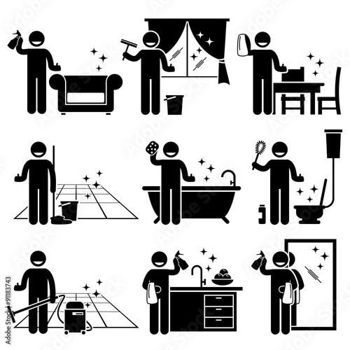 Man washing and cleaning house sofa, windows, wooden furniture, floor, bathtub, toilet bowl, kitchen, and mirror at home.