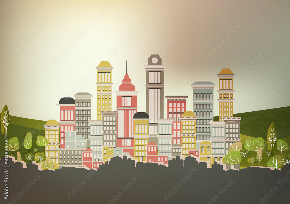 Town City Street - Vector Illustration