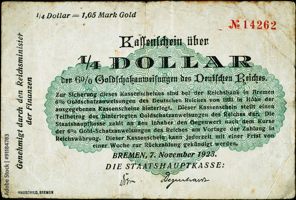 Obraz premium Historische Banknote, Notgeld, 7. November 1923, 1/4 Dollar, = 1,05 Mark Gold, Deutschland