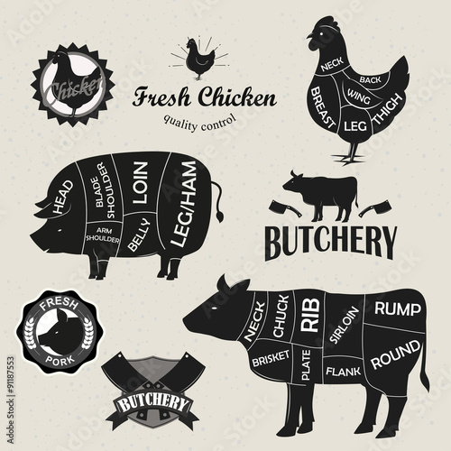 Chicken, beef and pork cut set and butchery logo set