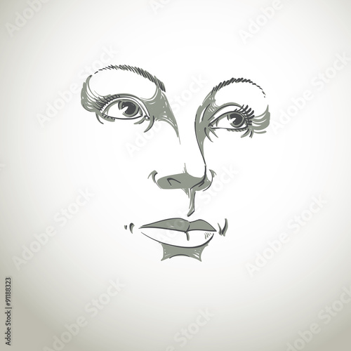 Black and white illustration of lady face, delicate visage featu