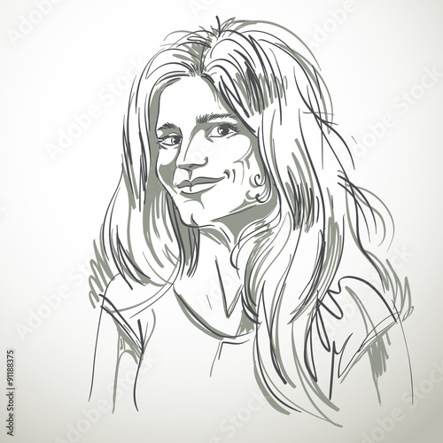 Monochrome vector hand-drawn image, flirting young woman. Black