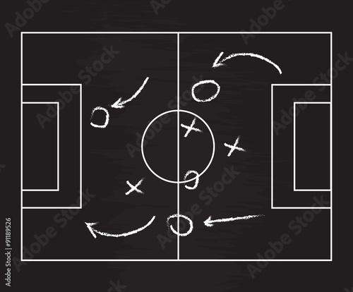 Realistic blackboard drawing a soccer or football game strategy. Vector illustration.