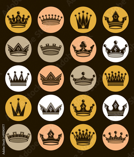 Set of 3d golden royal crowns isolated. Majestic classic vector