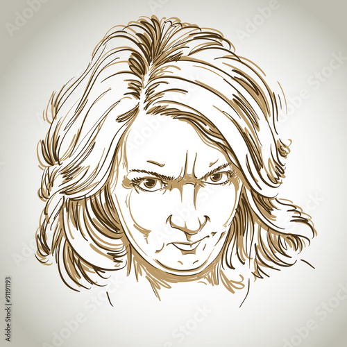 Vector portrait of angry woman with wrinkles on her forehead, il