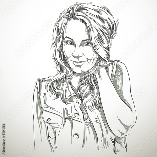 Vector art drawing, portrait of gorgeous flirting girl isolated