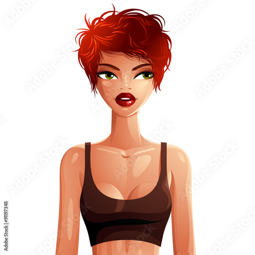 Sexy Caucasian woman upper body vector portrait. Gorgeous red-ha