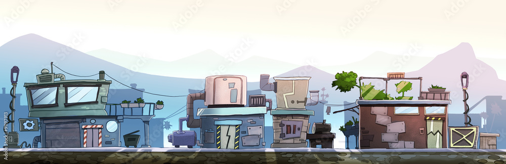 City street with houses on one side of the road. Digital background ...