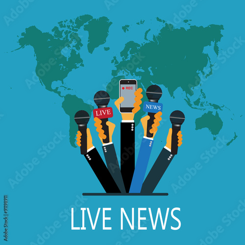 vector live report concept, live news, hands of journalists with microphones and recording cellphone, vector illustration in flat design for web sites, Infographic design