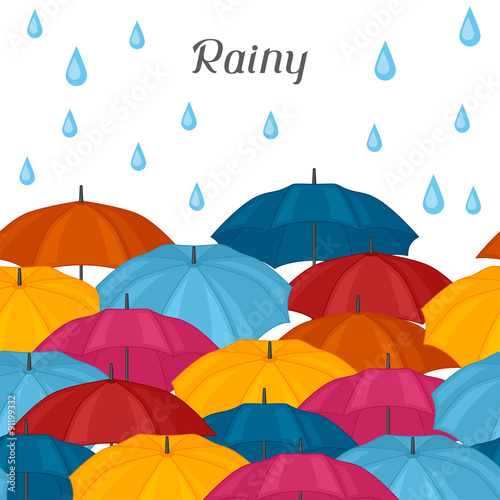 Abstract background with colored umbrellas and rain drops