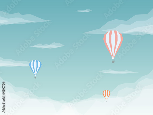 Hot air balloons vector background. Low poly design with sky and