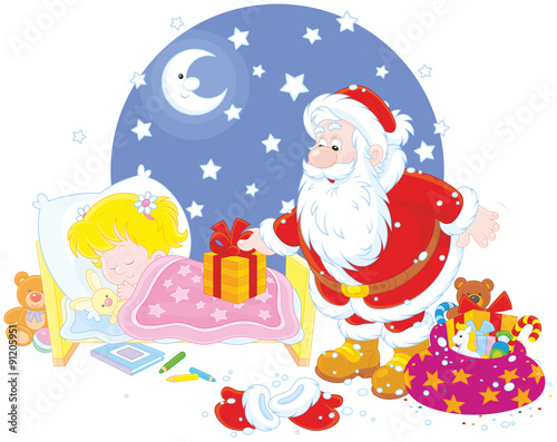 The night before Christmas, Santa Claus putting his presents near the bed of a sleeping girl