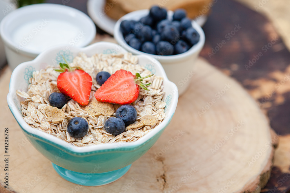 Breakfast in the garden: oatmeal cereals with berries on the dark wooden table, selective focus Breakfast in the garden: oatmeal cereals with berries on the dark wooden table, selective focus