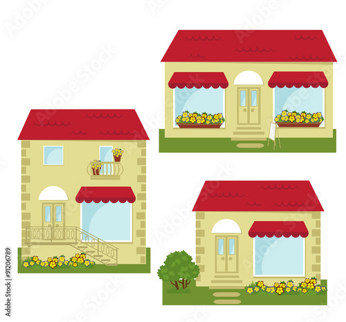 vector illustration of  houses with a store 