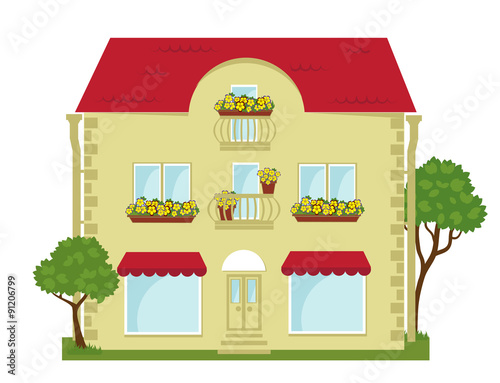 vector illustration of building with shops on the ground floor and lawn