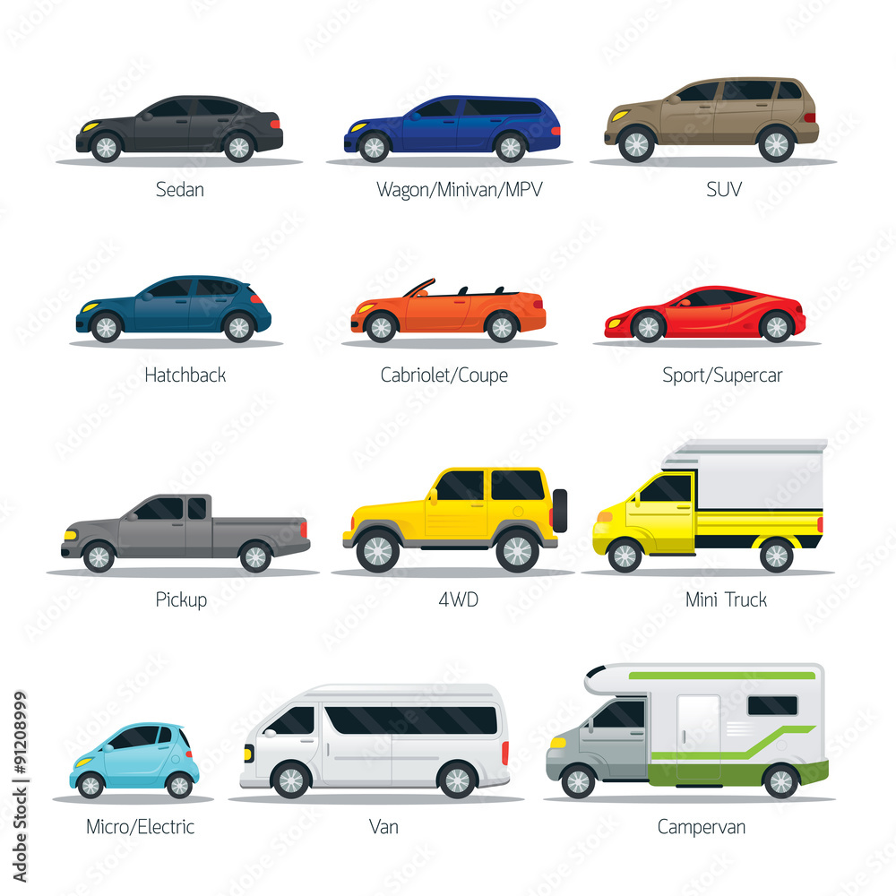 Car Type and Model Objects icons Set, Multicolor, Automobile,