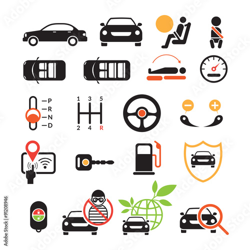 Car Specification and Performance Objects icons Set, Black ad white with Color, Automobile Function and Option