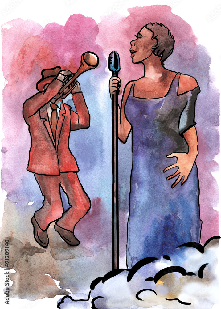 Φωτογραφία Female singer with microphone and trumpeter on the stage