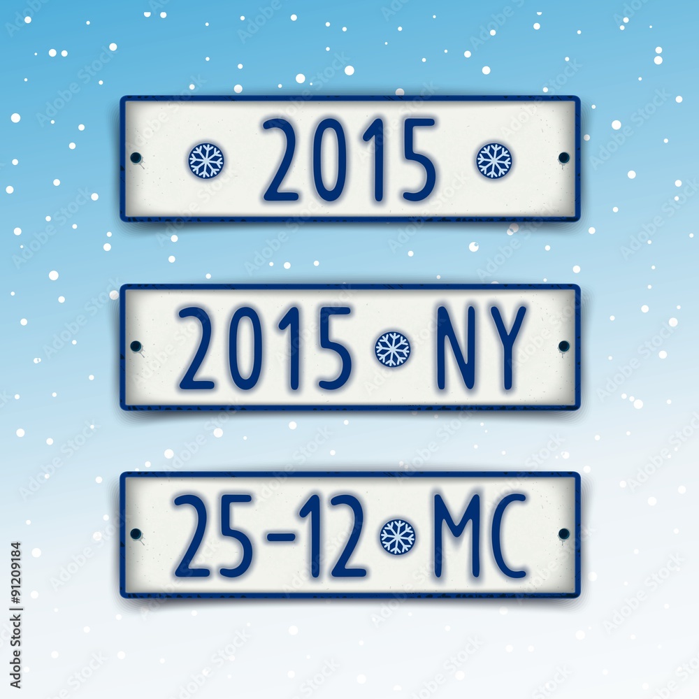 Three plate in the style of car number with the date 2015 and abbreviation of Christmas and New Year.. Realistic vector concept eps 10