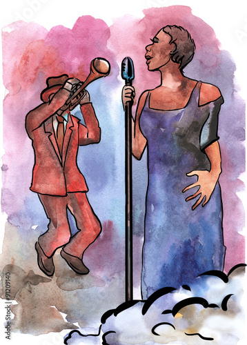 Photography Female singer with microphone and trumpeter on the stage