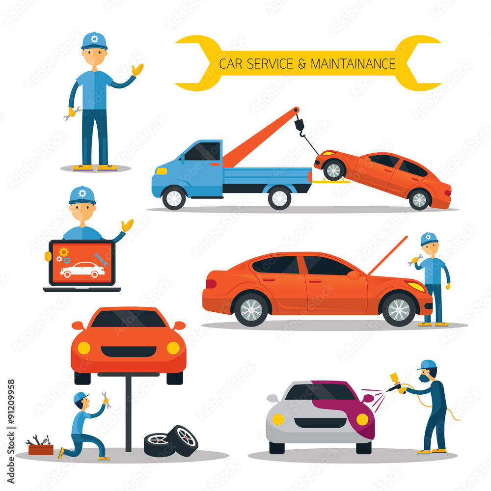 Naklejka premium Mechanic and Car Maintenance Service, Automobile Check Up, Repair