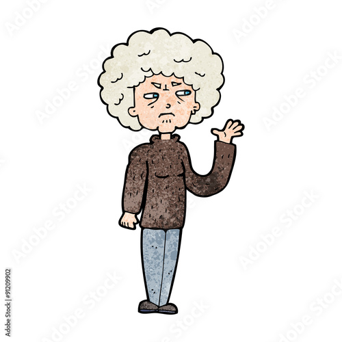 cartoon annoyed old woman waving