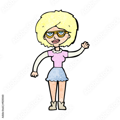 cartoon waving woman wearing spectacles