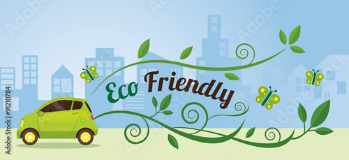 Eco Car and Environment in Urban City Illustration, Ecology, Energy Conservation