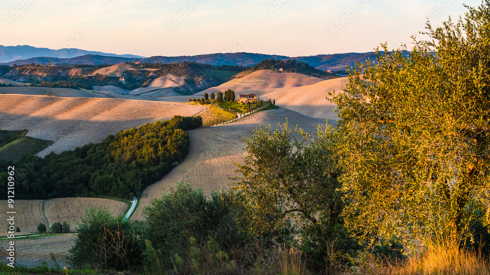 Fields and meadows in the Tuscan landscape at sunset