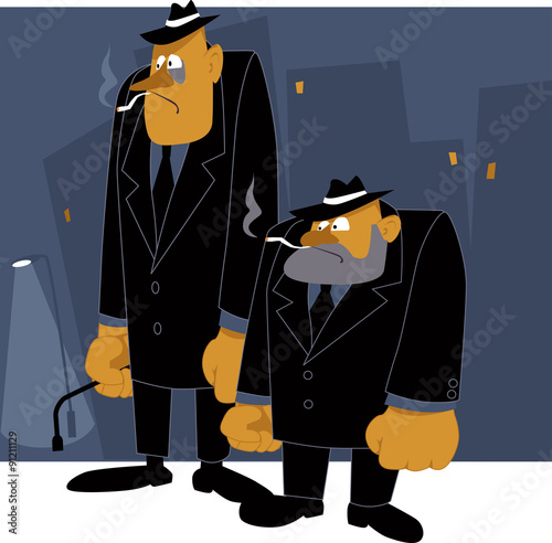 Two cartoon mafia thugs standing on night urban background, vector illustration, no transparencies, EPS 8