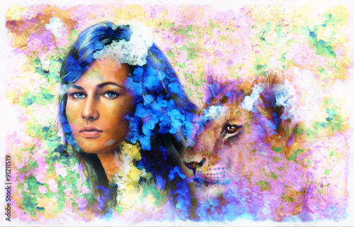 Fototapeta Naklejka Na Ścianę i Meble -  Painting collage Young woman and lion cub. eye contact.
