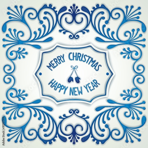 Christmas design in the style Gzhel ceramics with pattern and label in the center. Vector eps 10