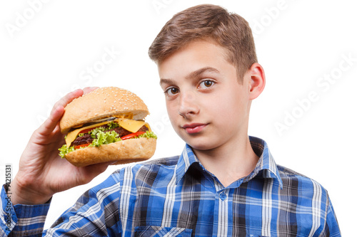 Guy looks at the burger and was going to eat it