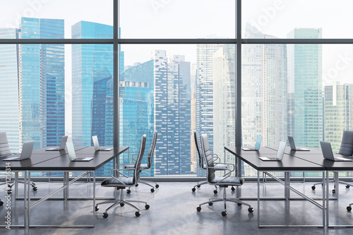Photography Workplaces in a modern panoramic office, Singapore city view from the windows