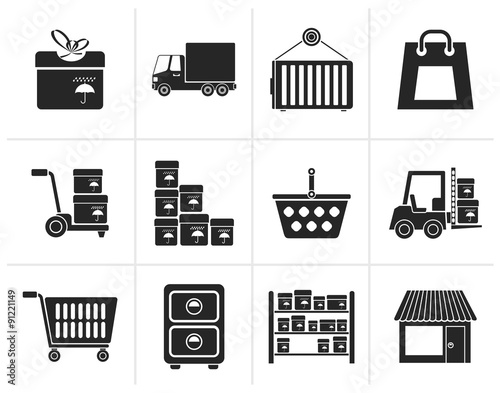 Black Storage, transportation, cargo and shipping icons - vector icon set