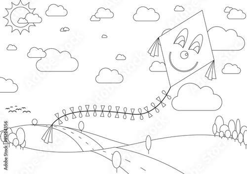 Coloring book with autumn landscape with kite during sunny day