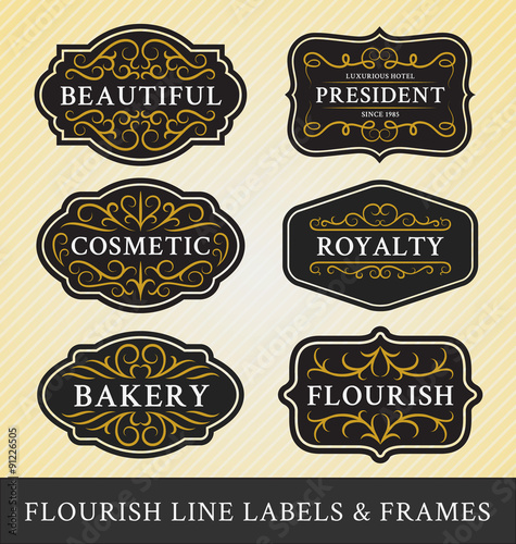 Set of flourish calligraphy frames and labels design for business and product such as real estate, hotel,salon,bakery,cosmetic, jewelry, resort, wedding, beer, whiskey, food menu. Vector illustration