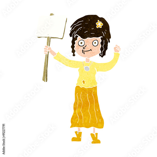 cartoon hippie girl with protest sign