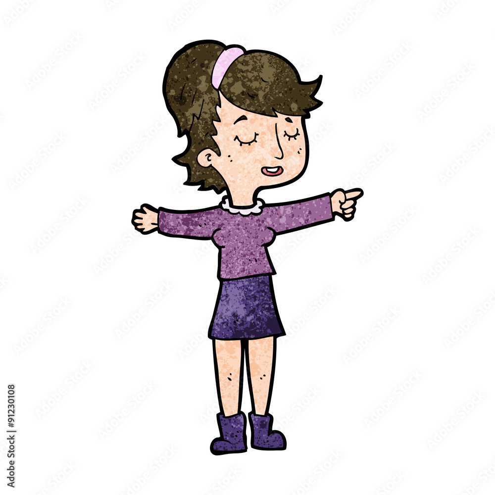 cartoon happy woman pointing cartoon happy woman pointing
