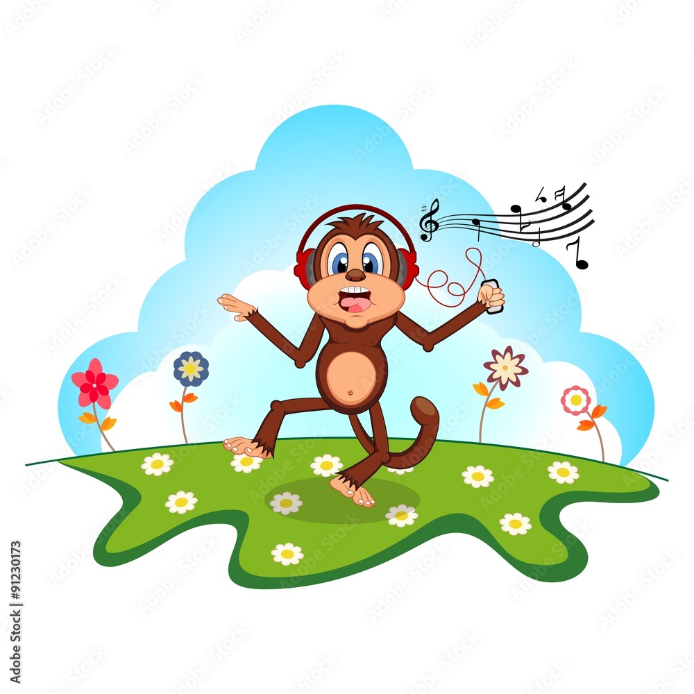 Monkey dance while listening to music with a headset cartoon in a garden  for your design Stock Vector | Adobe Stock