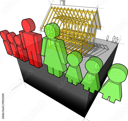 simple detached house with wooden framework construction and "family" sign 