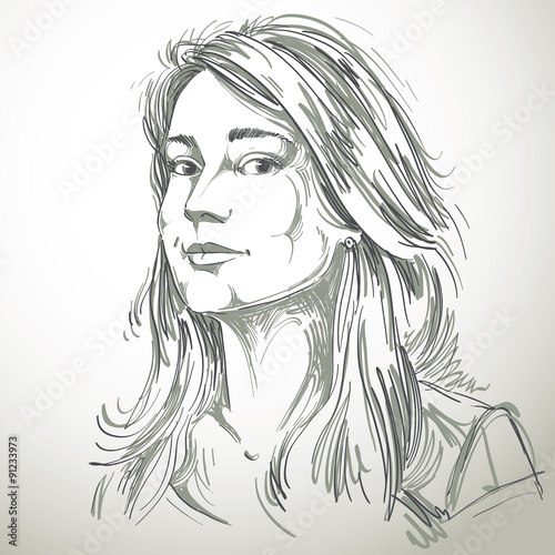 Vector art drawing, portrait of gorgeous dreamy girl isolated on