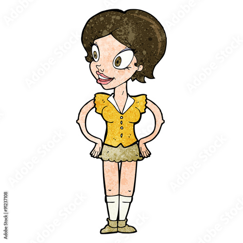 cartoon happy woman in short skirt