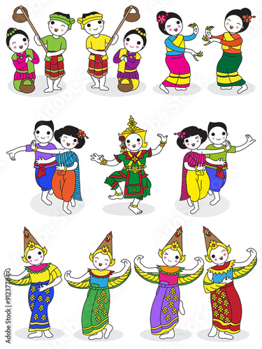 Traditional Thai Dancers character illustration set