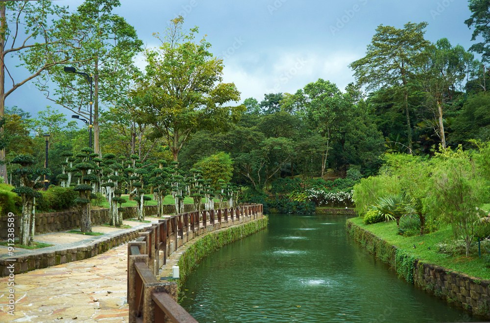 Park with river and decorative trees