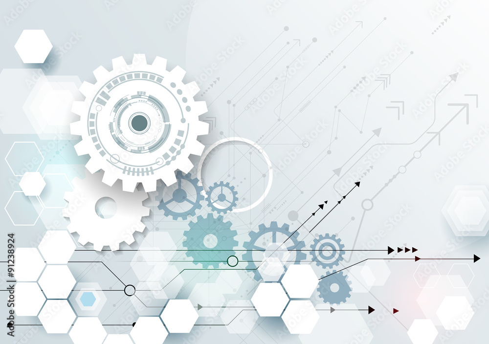 Vector illustration gear wheel, hexagons and circuit board, Hi-tech digital technology and engineering, digital telecom technology concept. Abstract futuristic on light blue color background Vector illustration gear wheel, hexagons and circuit board, Hi-tech digital technology and engineering, digital telecom technology concept. Abstract futuristic on light blue color background
